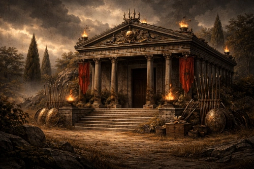 Cabin 5 at Camp Half-Blood inspired by Ares and war symbolism