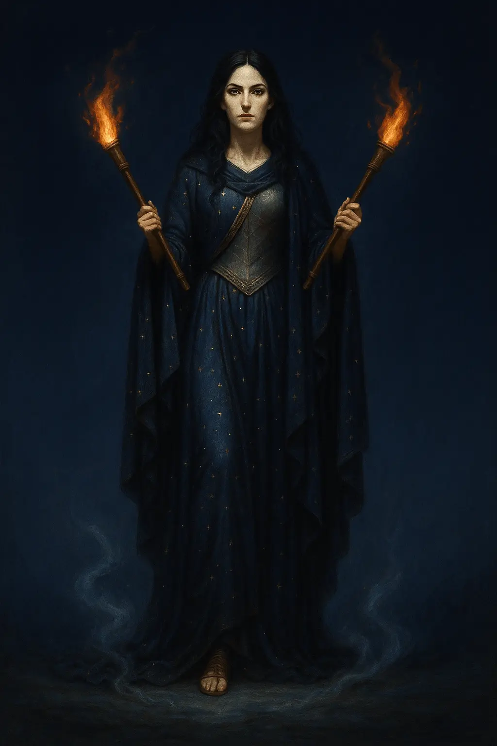 Hecate, Goddess of Magic - Mystical goddess with torches and keys at crossroads