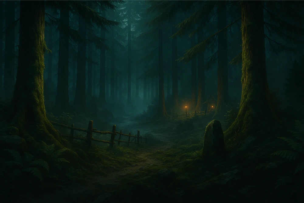 Misty primeval forest at dusk near a demigod camp, towering pines and ancient stones mark the boundary into a mythic, untouched woodland.