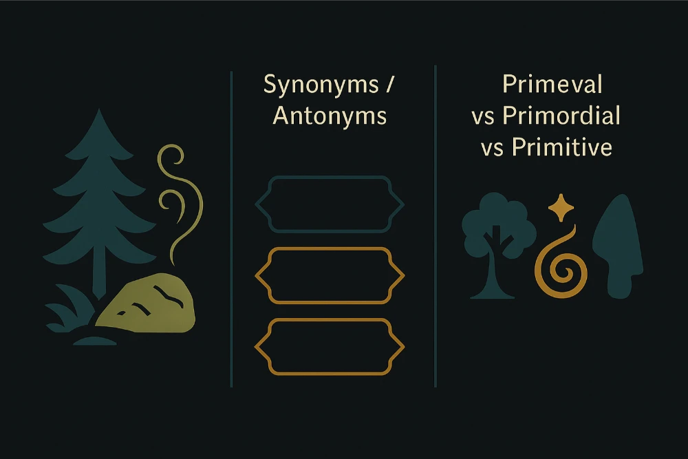 Dark-mode infographic with panels for primeval forest meaning, synonyms/antonyms, and primeval vs primordial vs primitive comparison, with simple woodland icons.