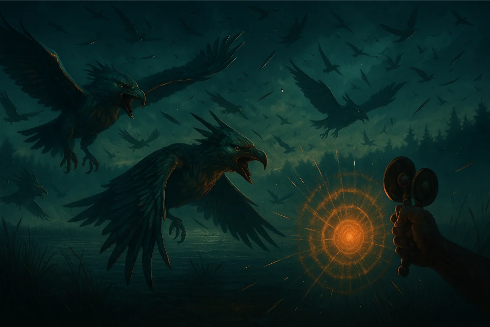 Stymphalian birds swarm above a marsh, launching metallic feathers as a deafening noise scatters the flock