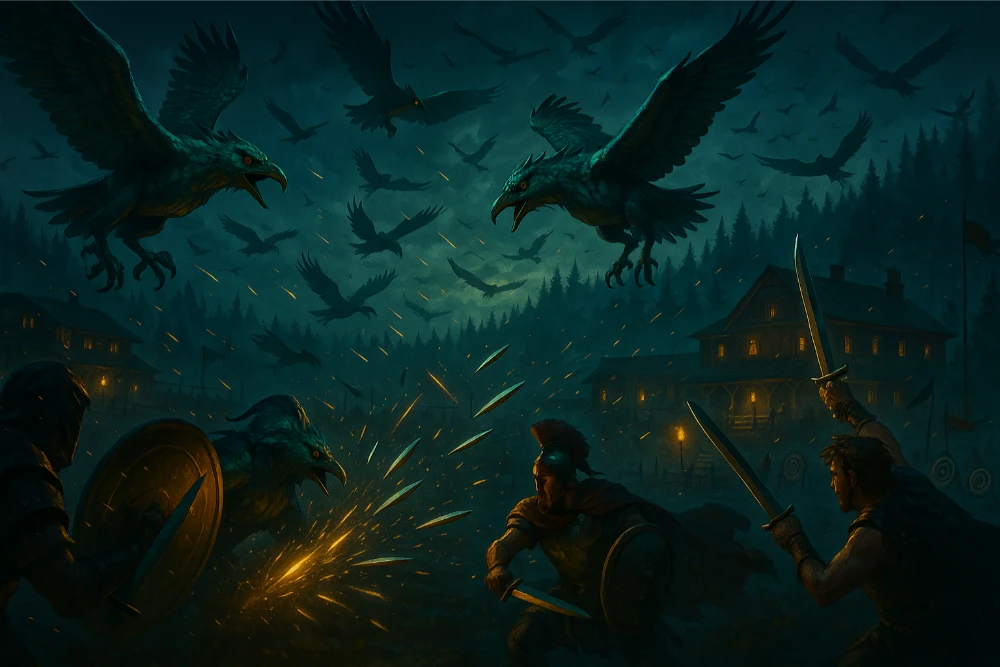 Stymphalian birds swarm over Camp Half-Blood, launching metallic feathers as heroes defend with celestial bronze weapons